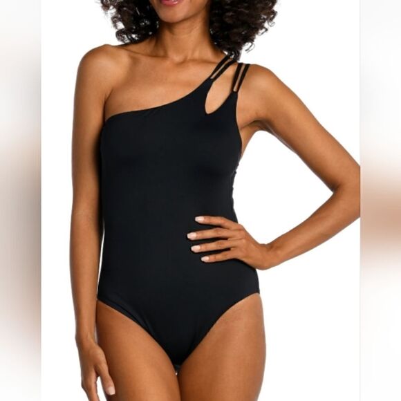 La Blanca Island Goddess strappy 1 shoulder 1 piece black swimsuit size 4 NWT - Picture 1 of 3